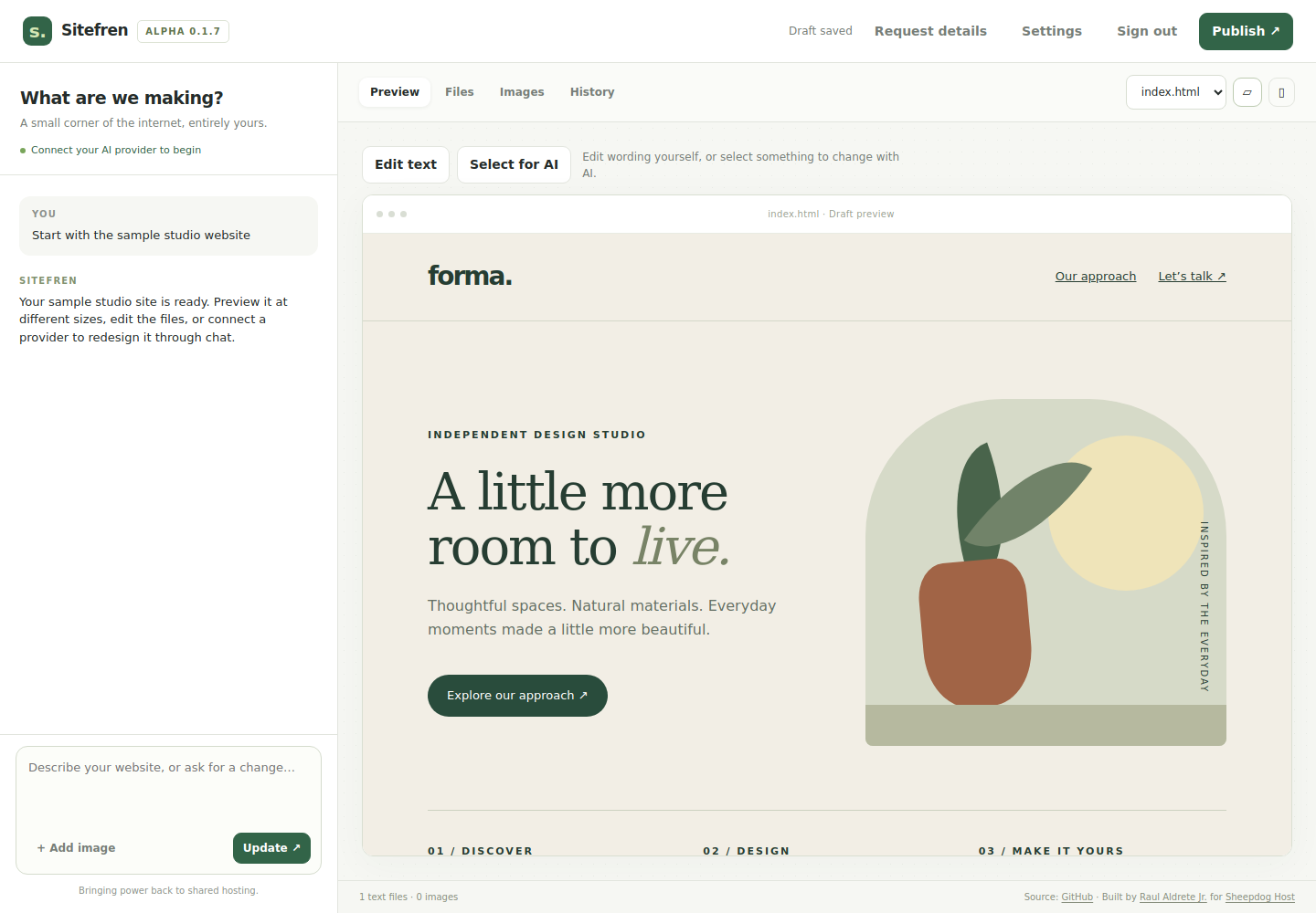 Screenshot of the Sitefren editor interface